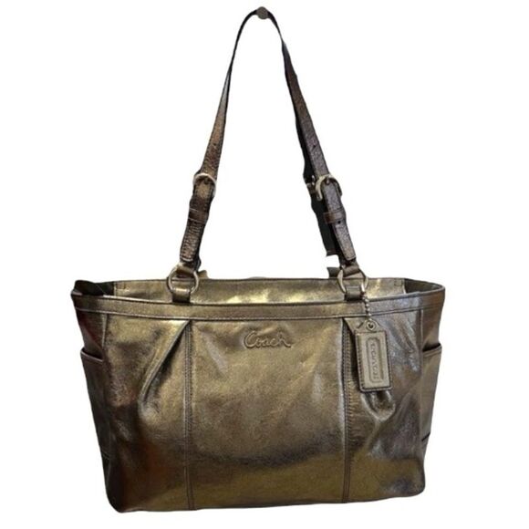 Coach Gallery Metallic Gunmetal Leather Medium East West Tote Shoulder Bag - Picture 1 of 15